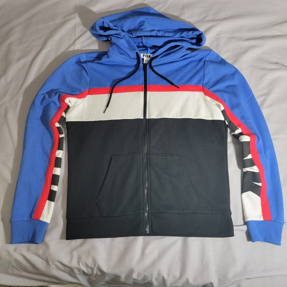 Victoria's Secret PINK Perfect Full Zip Hoodie Colorblock Black White Blue M EUC